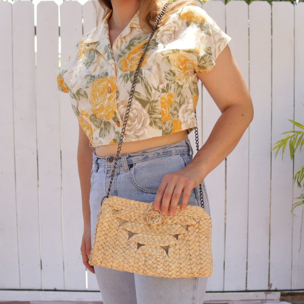 Cute straw bag with long chain strap